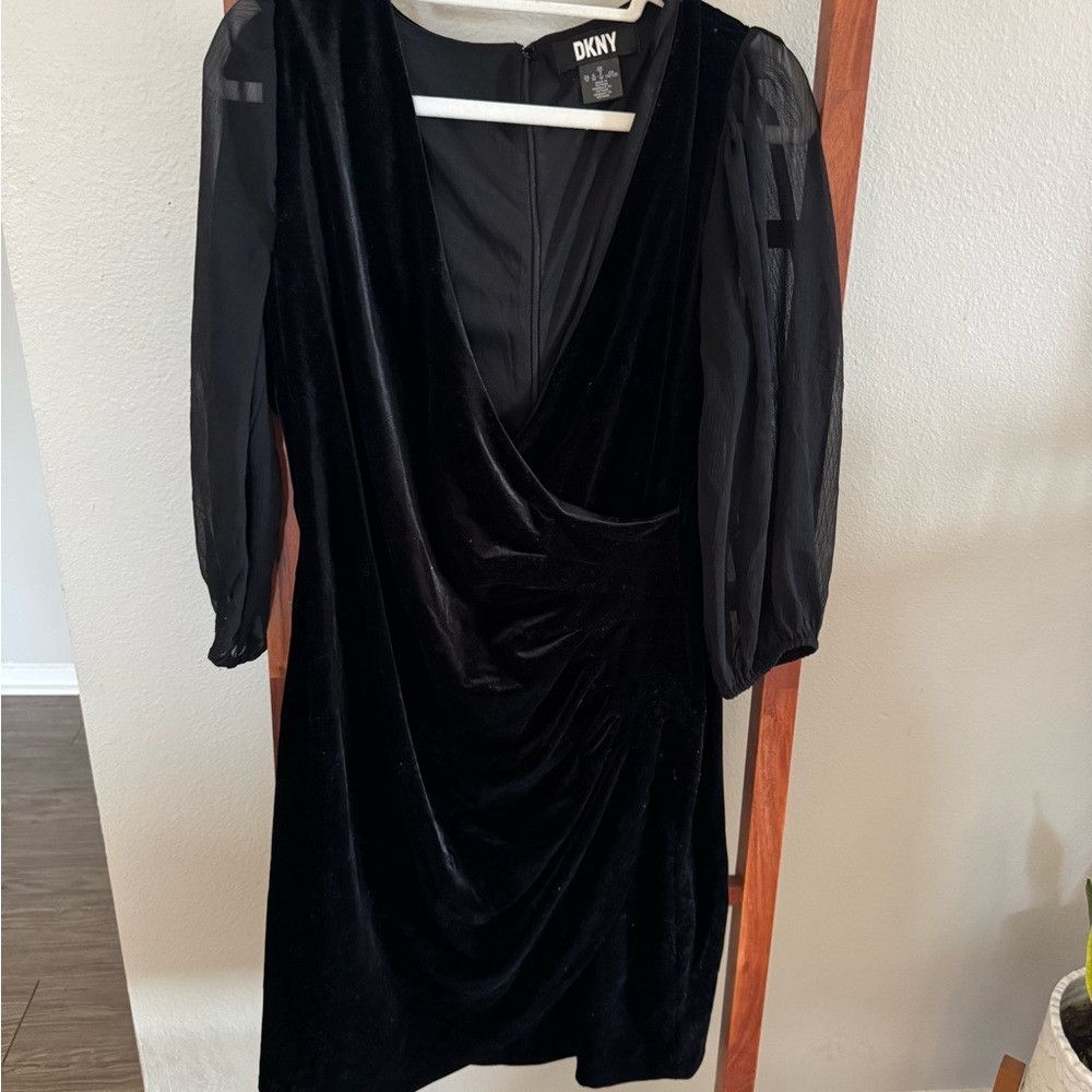DKNY Elegant Black Velvet Dress with Sheer Sleeves